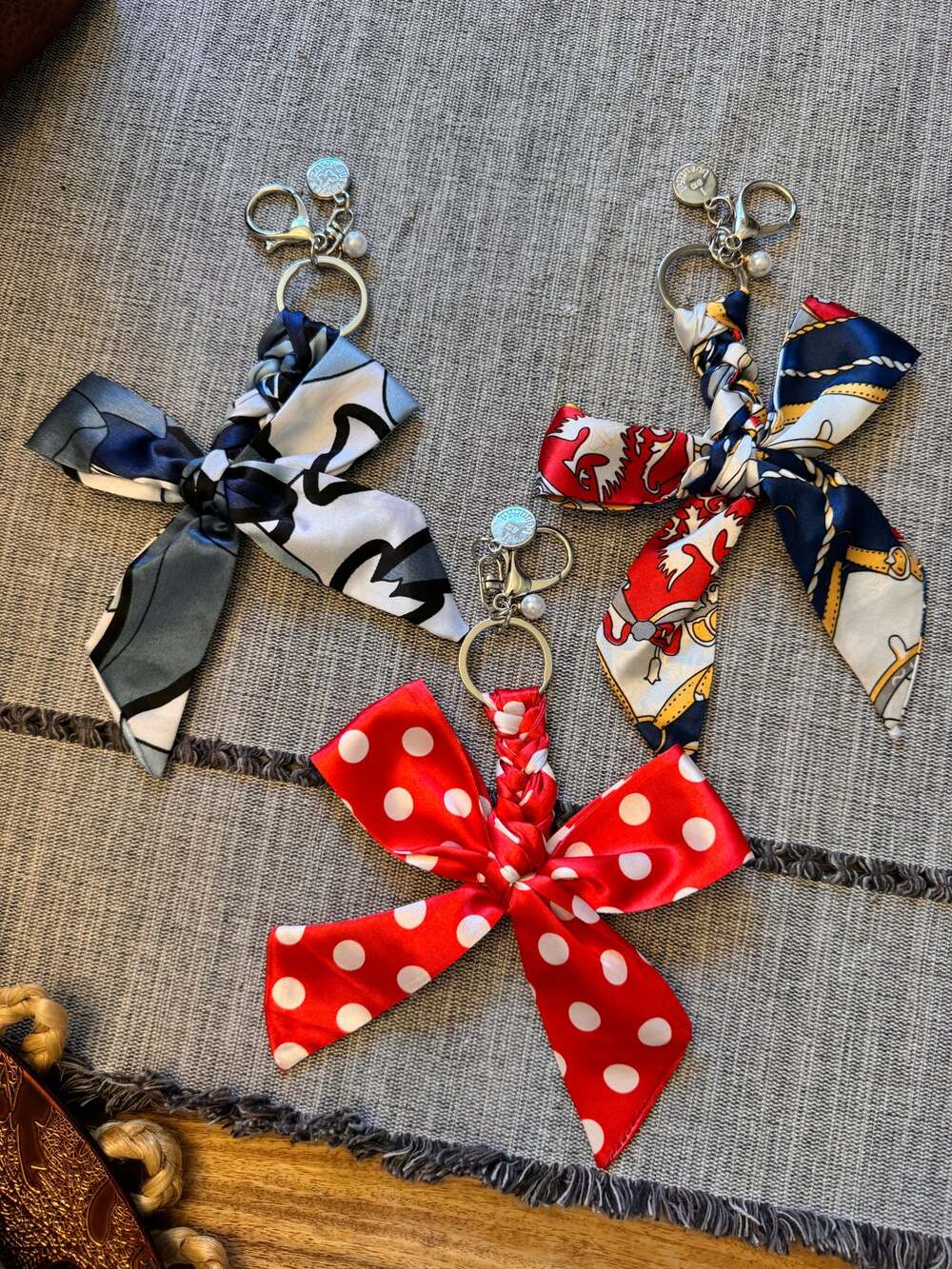 Set of 3 Satin Bow Bag Charms Floral Purse Charm Polka Dot Colorful Bow